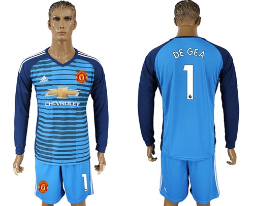 Manchester United #1 De Gea Blue Long Sleeves Soccer Club Jersey - Click Image to Close